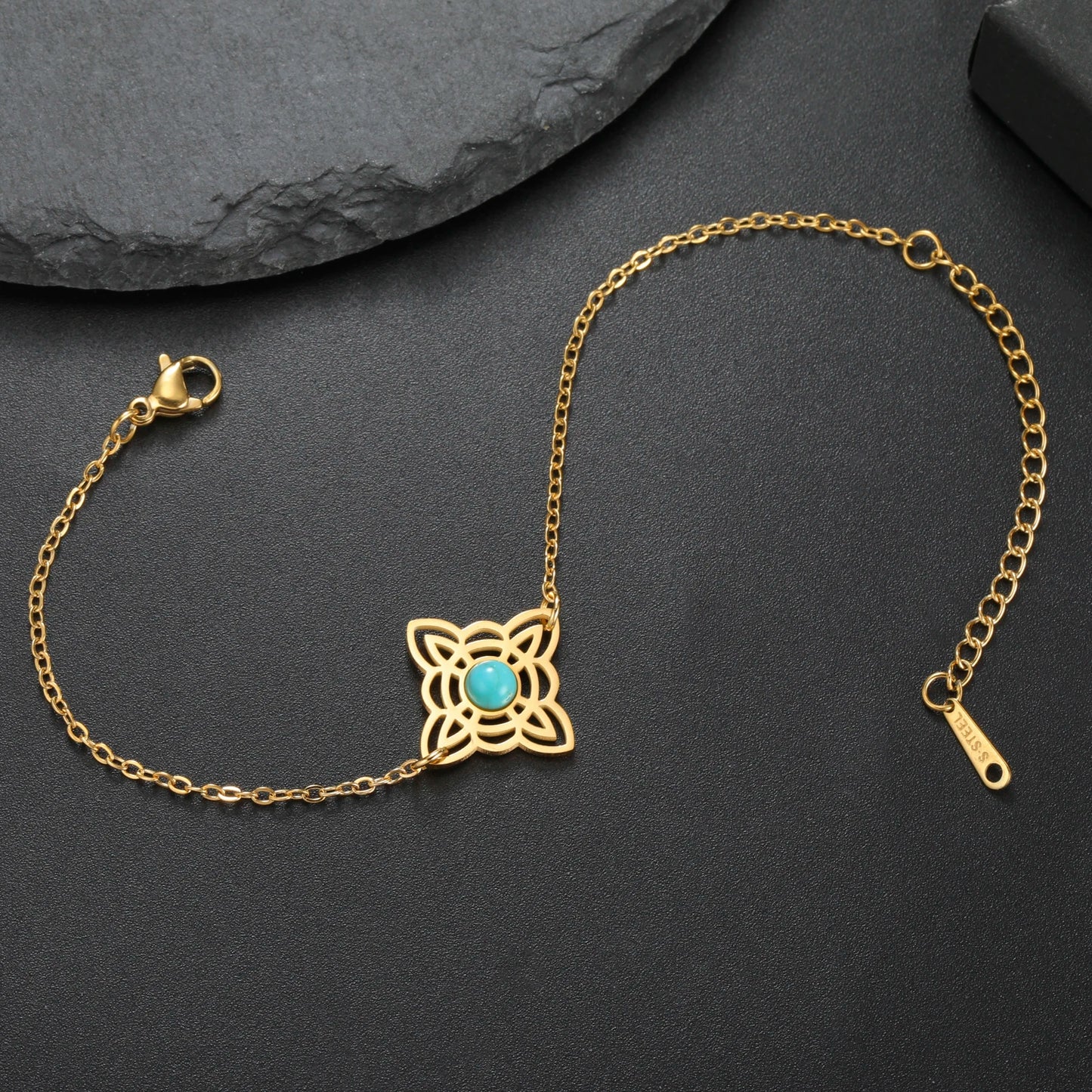Sea Blue Chalcedony Decorated Witch Knot Bracelet Stainless Steel Celtic Knot Witchy Symbols Bracelet Adjustable Charm Jewelry