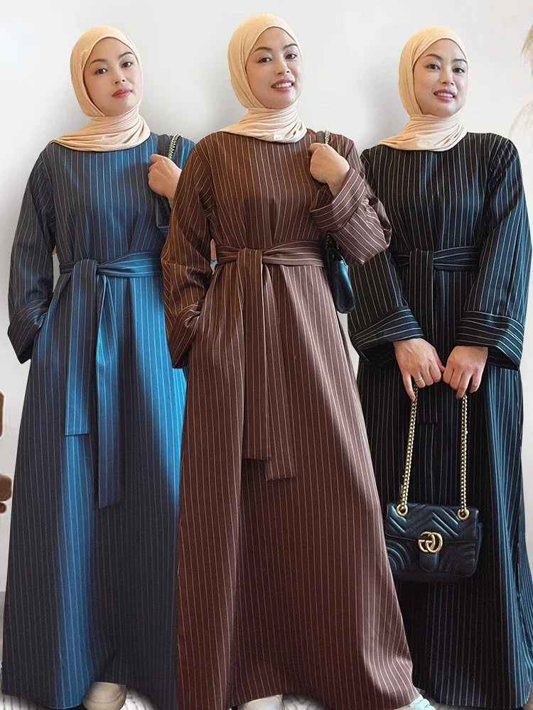Dress for Women Muslim Striped Abaya