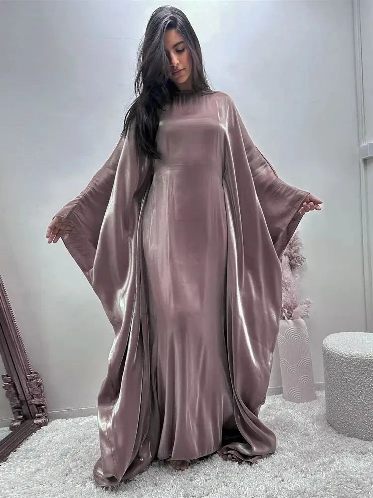 Satin Abaya Islam Muslim Summer Batwing Sleeve Maxi Dress Kebaya Abayas For Women Kaftan Robe Musulmane Femme Vestidos