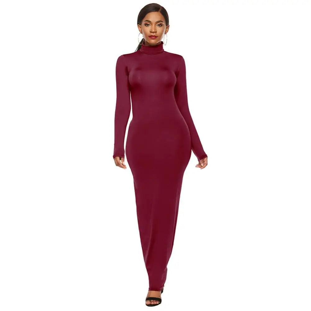 Women Long Dresses Plus Size Party Solid Color Women Long Sleeve Turtleneck Bodycon Dress Maxi Vestidos S-5XL