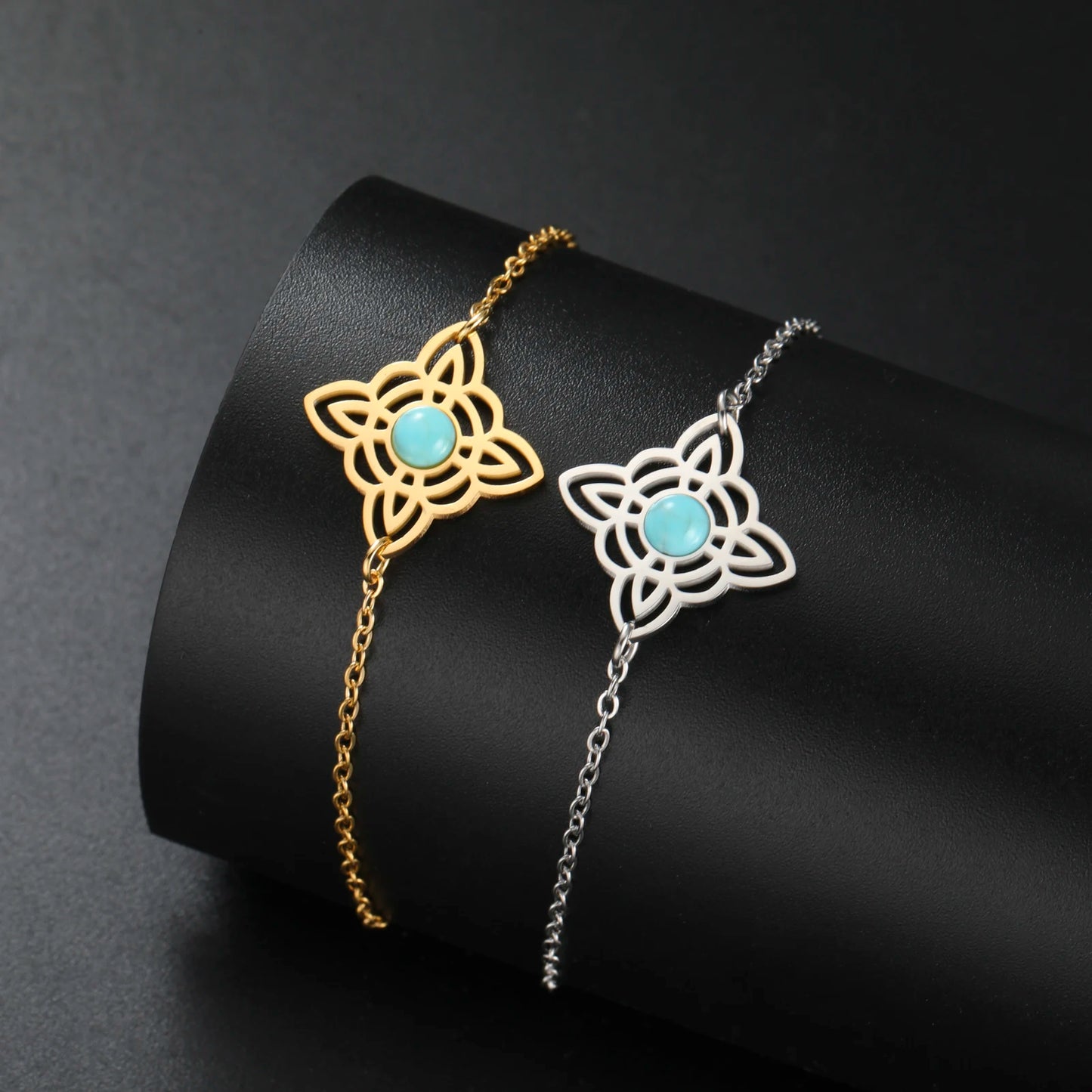 Sea Blue Chalcedony Decorated Witch Knot Bracelet Stainless Steel Celtic Knot Witchy Symbols Bracelet Adjustable Charm Jewelry