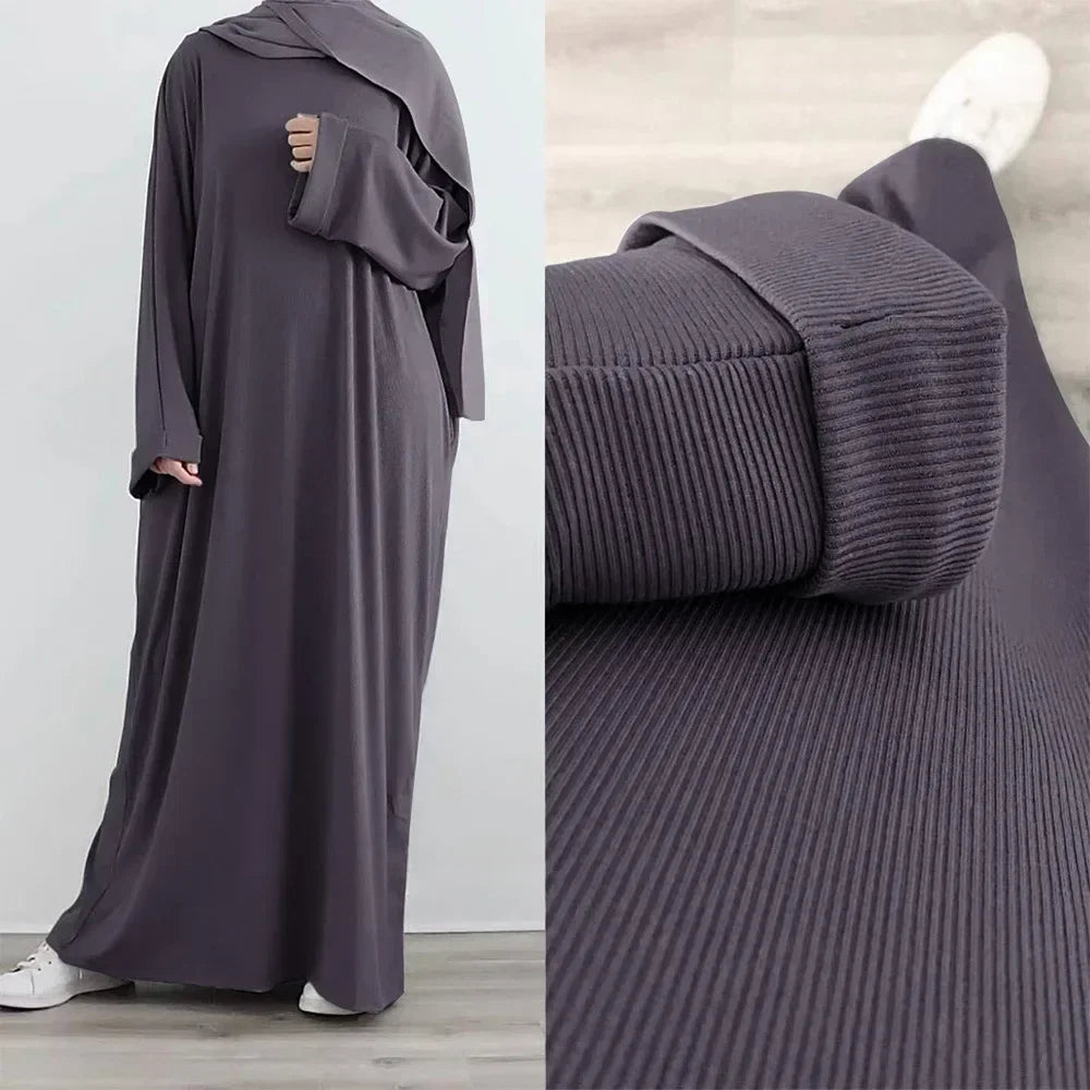 Autumn Rib Knit Abaya for Women Muslim Winter Clothes Casual Long Hijab Dress Islamic