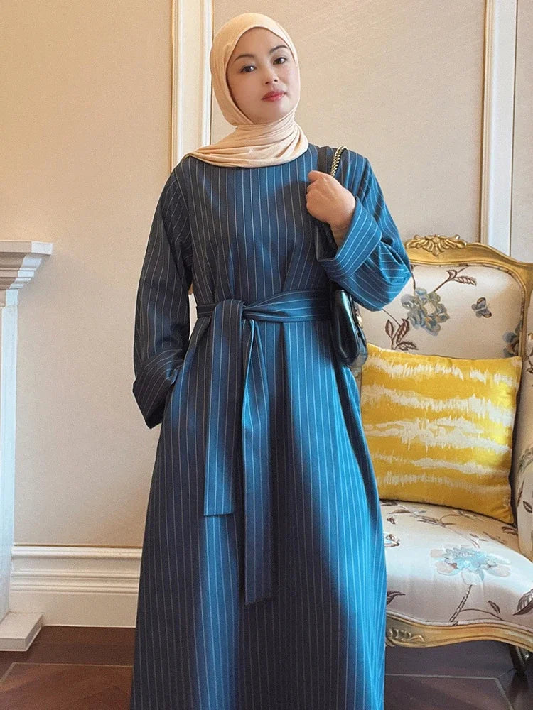Dress for Women Muslim Striped Abaya