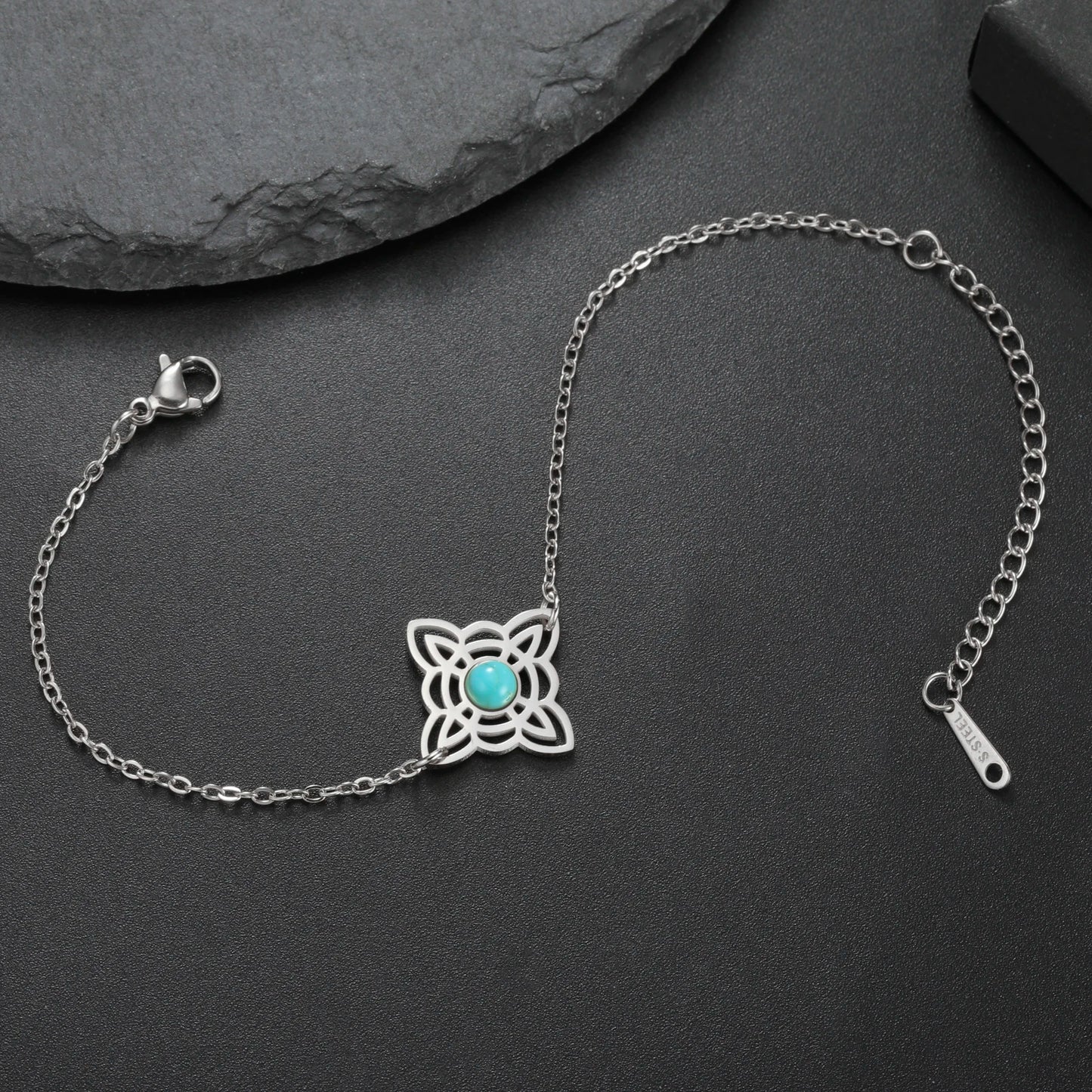 Sea Blue Chalcedony Decorated Witch Knot Bracelet Stainless Steel Celtic Knot Witchy Symbols Bracelet Adjustable Charm Jewelry