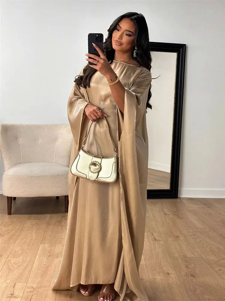 Satin Abaya Islam Muslim Summer Batwing Sleeve Maxi Dress Kebaya Abayas For Women Kaftan Robe Musulmane Femme Vestidos